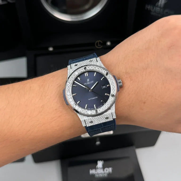 Hublot Classic Fusion Diamonds Moissanite Pave 42mm Blue Dial
